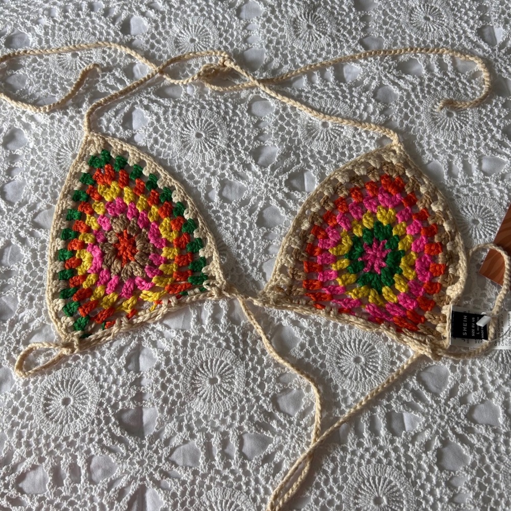 SHEIN SXY Crochet Bikini Top Multi Color Granny Square Triangle Halter Large NEW